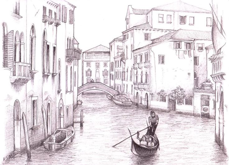 a pencil drawing of a gondola on a canal with buildings and a man