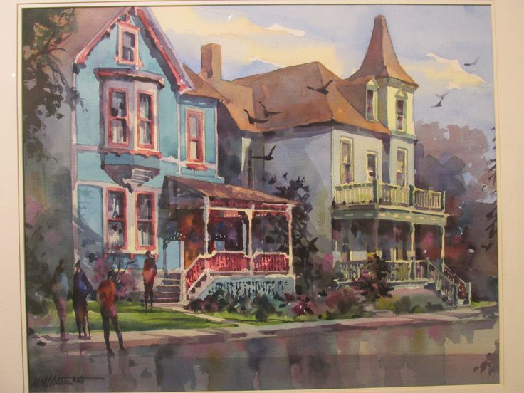 a painting of people walking in front of some houses