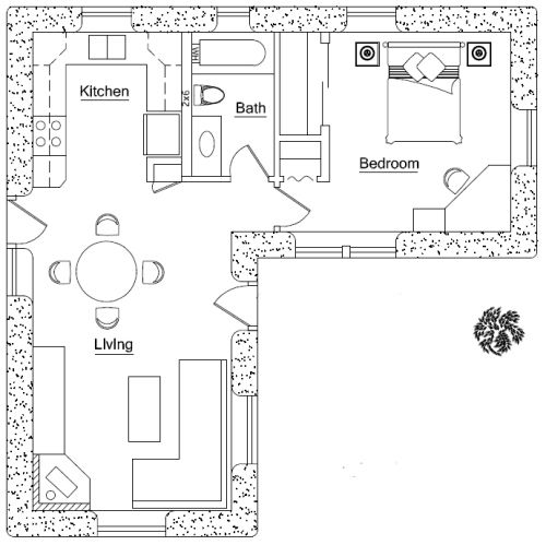 the floor plan for a two bedroom apartment with an attached bathroom and living room area