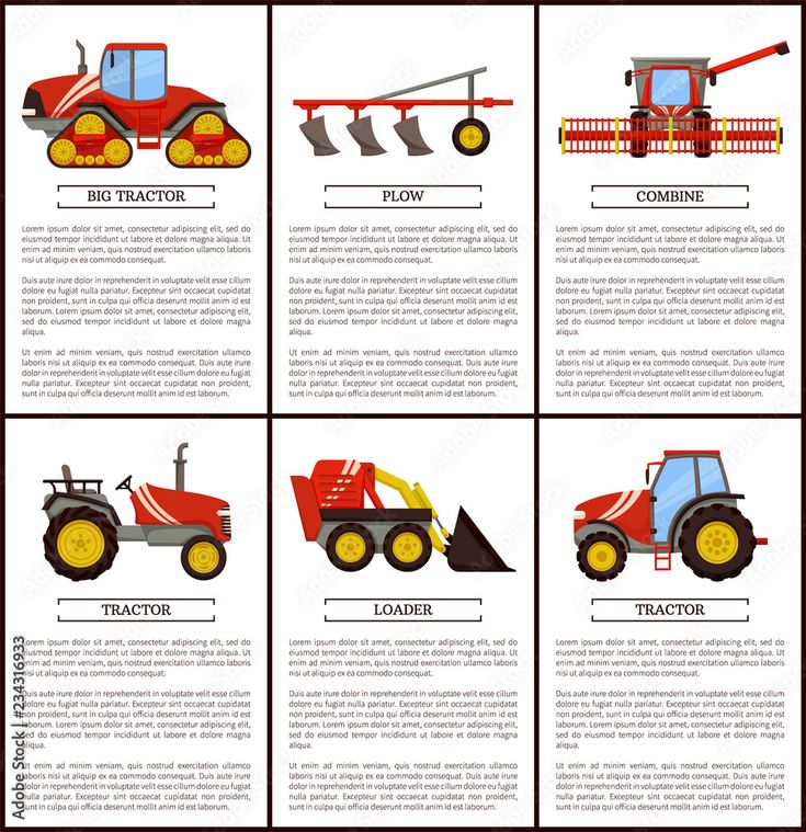 four different types of tractors with text on the front and back, all in red