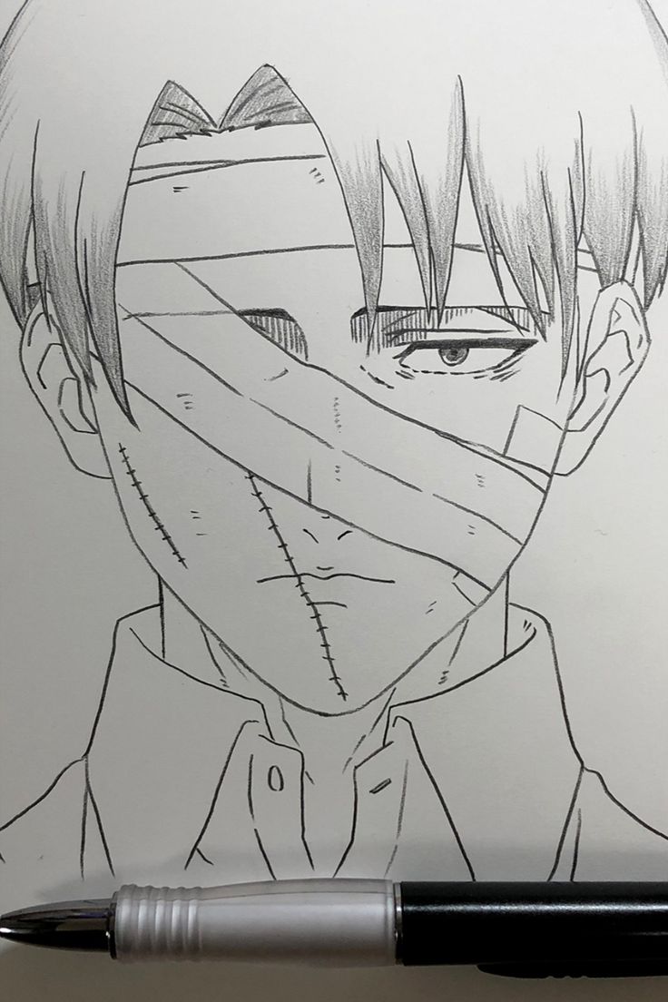 a pencil drawing of a guy with his face covered by tape and wearing a tie