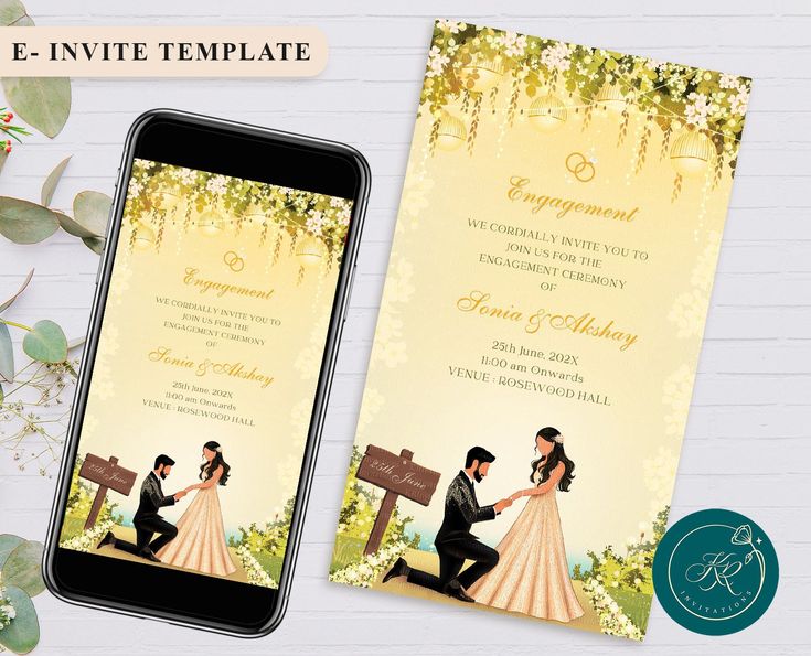 the wedding card is displayed next to an iphone with it's image on it