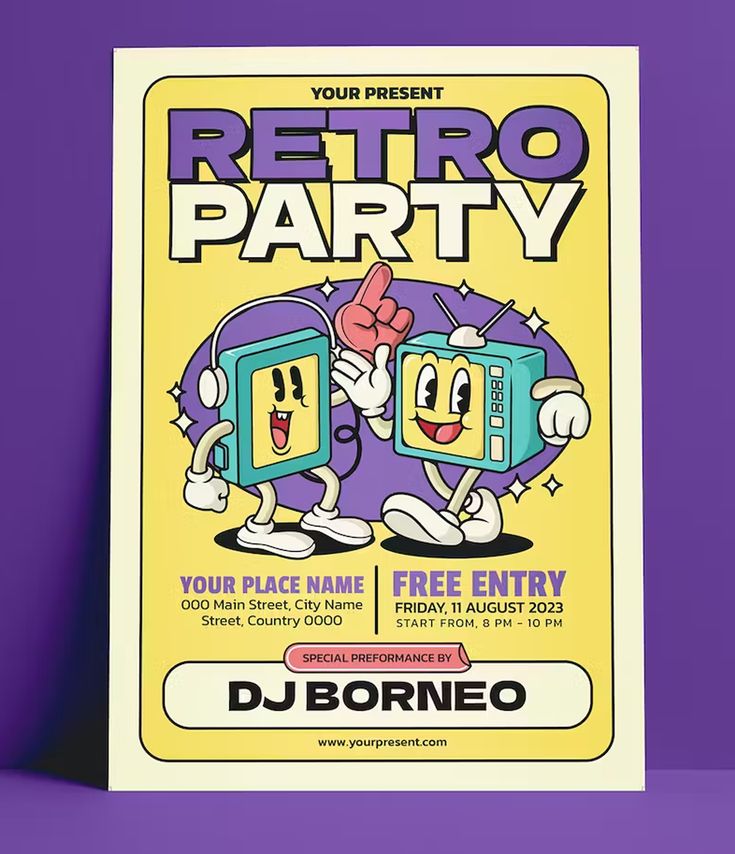 a poster for a retro party with two cartoon characters on the front and back cover