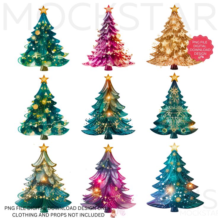 christmas trees with lights and stars are shown in different colors, shapes and sizes on white background