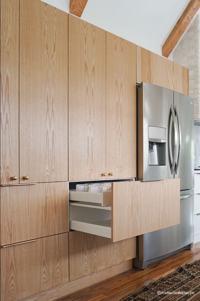 Grace and Michael from @collectedeclectic5311 revealed their fully remodeled ktit1hen last Friday, and we were fortunate to be chosen as the wood provider for their IKEA cabinets! They choose our Red Oak Natural Wood Slab, and it makes their kitchen really pop, especially with the long vertical grain on tall cabinets.  They've been on a DIY spree, doing everything themselves, so be sure to check them out! And stay tuned, as this might not be the last time you see our materials in their home! Flat Front Kitchen Cabinets, Slab Kitchen Cabinets, Flat Front Cabinets, Kitchen Cabinets Fronts, Ikea Sektion Cabinets, Flat Cabinets, Slab Cabinets, Ikea Sektion, Kitchen Slab