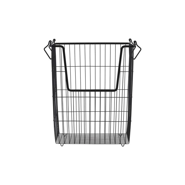 a black wire basket with two handles on the front and back sides, against a white background