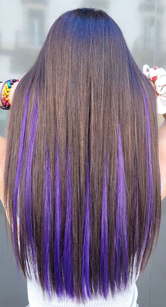 Chocolate Brown And Purple Hair, Purple Layers Hair, Brown Hair With Colour Underneath, Semi Permanent Hair Color Ideas, Underneath Hair Color For Brunettes, Purple Hair Underneath Brown, Purple Underneath Hair Brown, Purple Hair Color Ideas For Brunettes, Brown Hair With Color Underneath