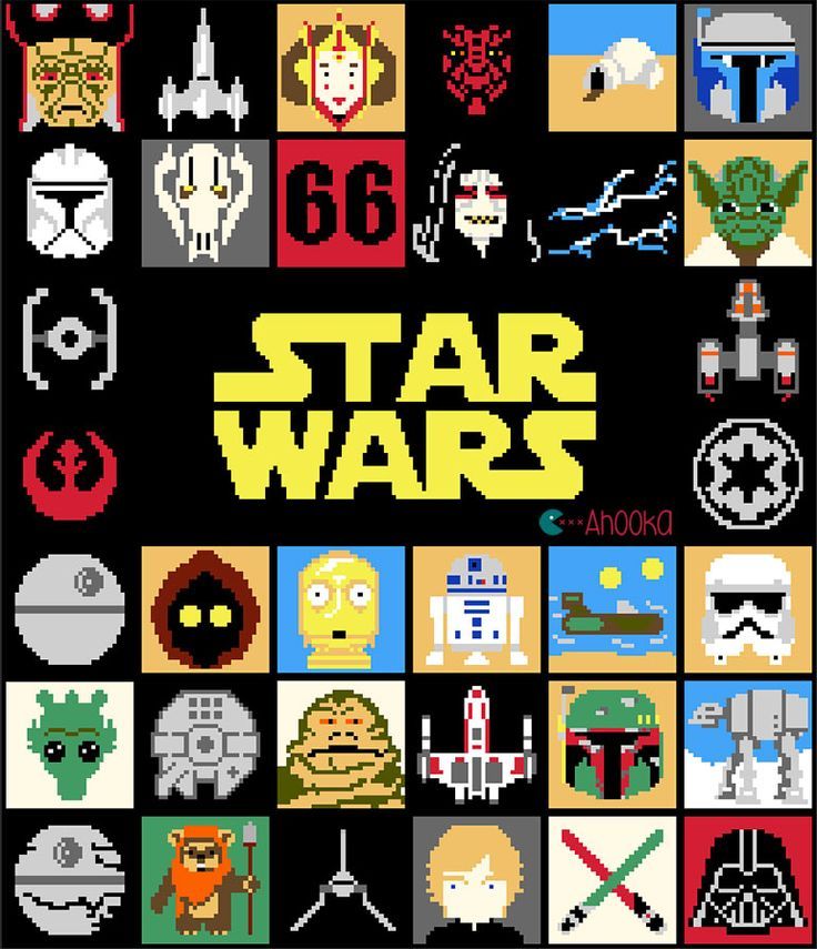 the star wars poster is shown with many different characters and symbols on it's black background