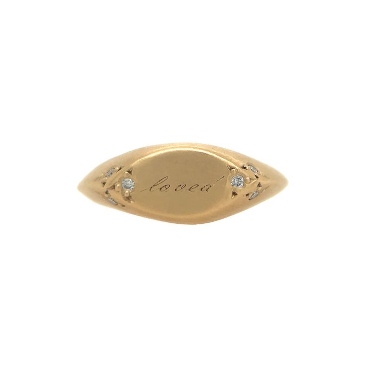 This 14k gold hand-carved ring has an engravable surface accented with 6 grain-set diamonds.  This ring can be ordered plain (with no engraving) or engraved - with one initial or up to 5 characters. In-stock ring: Accent stones: 6 white round diamondsMetal: 14k yellow goldBand type: knife-edgeSize: 6 3/4 - can be resiz Luxury Rose Gold Hallmarked Signet Ring, Luxury Rose Gold Signet Ring With Vs Clarity, Luxury Engagement Signet Ring With Open Design, Luxury Vintage Open Signet Ring, Luxury Vintage Signet Ring With Engraving Option, Luxury Vintage Signet Ring With Polished Finish, Cygnet Ring, Signet Ring With Stone, Signet Engagement Rings