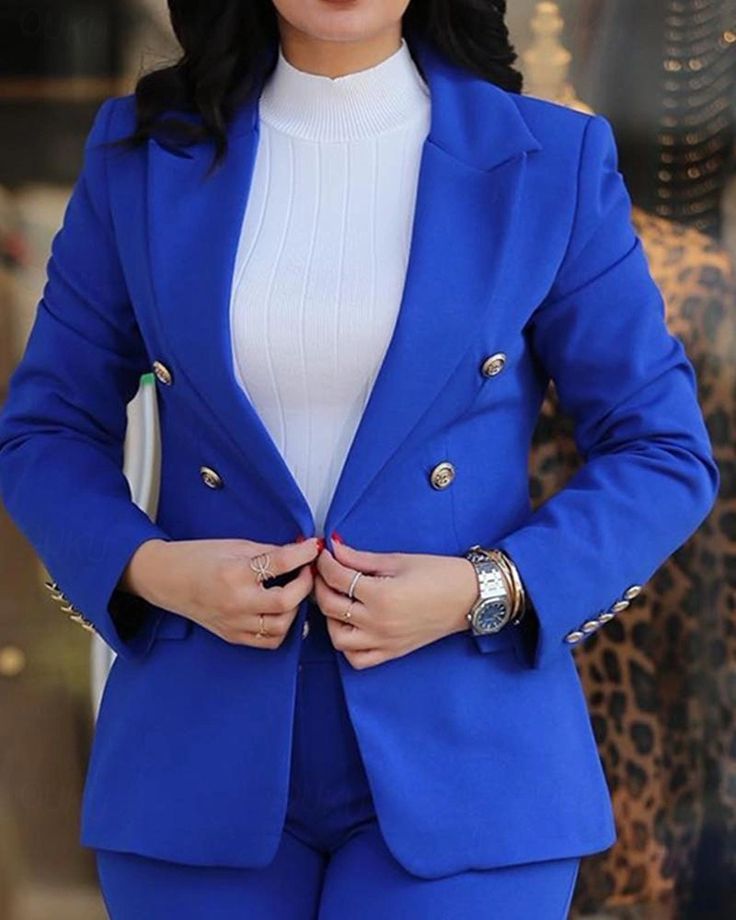 Women's Blazer Office Suit Pants Sets Work Daily Daily Business Long Sleeve Black Fall & Winter 2024 - US $41.99 Royal Blue Cardigan, Red Two Piece, Blue Two Piece, Womens Suits Business, Colored Cardigans, Blazer Set, Exclusive Clothing, Casual Cardigans, Blue Cardigan