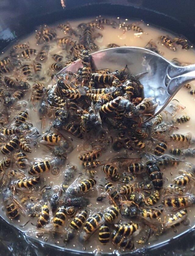 a spoon full of honeybees sitting on top of a pan filled with milk