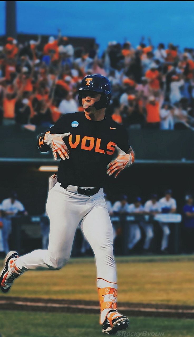 a baseball player is running on the field in front of an orange and white crowd