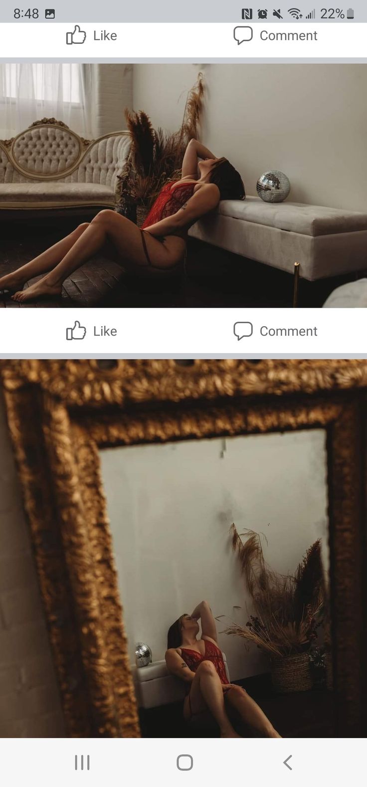 two pictures of a woman laying on a bed in front of a mirror