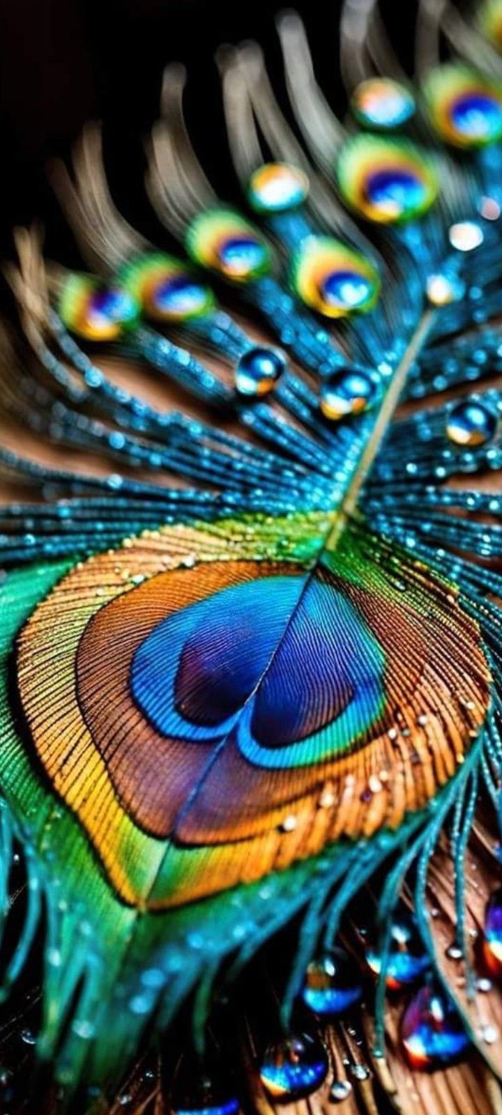 a peacock's feathers with water drops on it and the tail is blue, green, yellow and orange