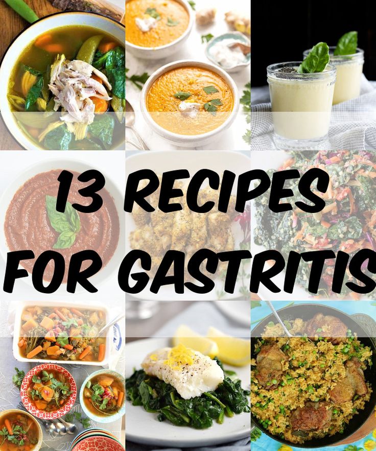 there are many different types of food on the table with text overlay that reads, 13 recipes for gastrits