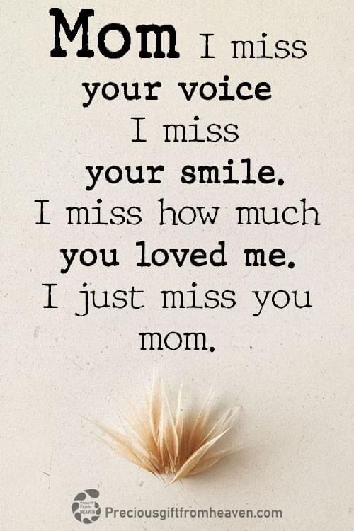 a poem written in black and white with a feather on it's tip, which reads mom i miss your voice