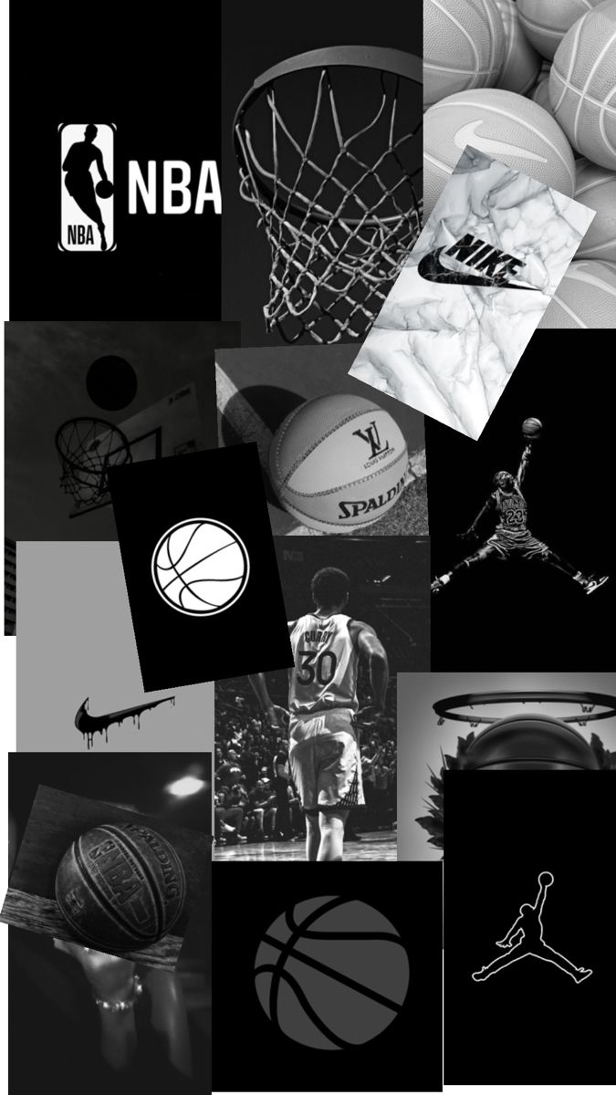 black and white collage with basketballs, logos, and other sports related items