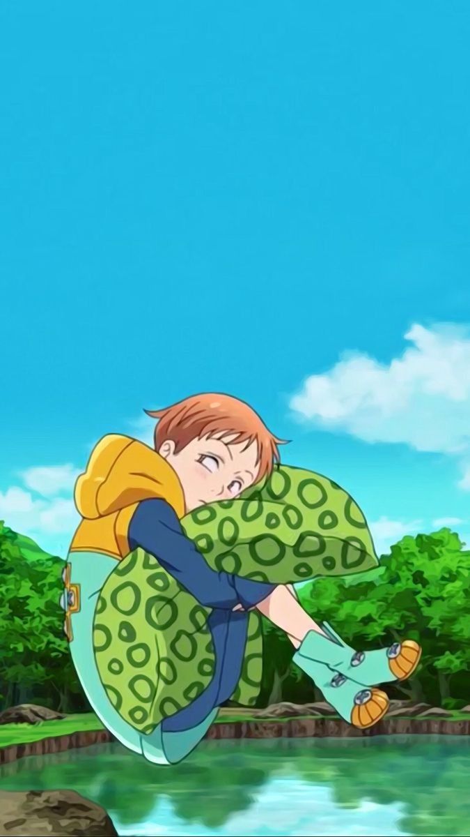 an anime character holding onto a large pillow in front of a body of water and trees