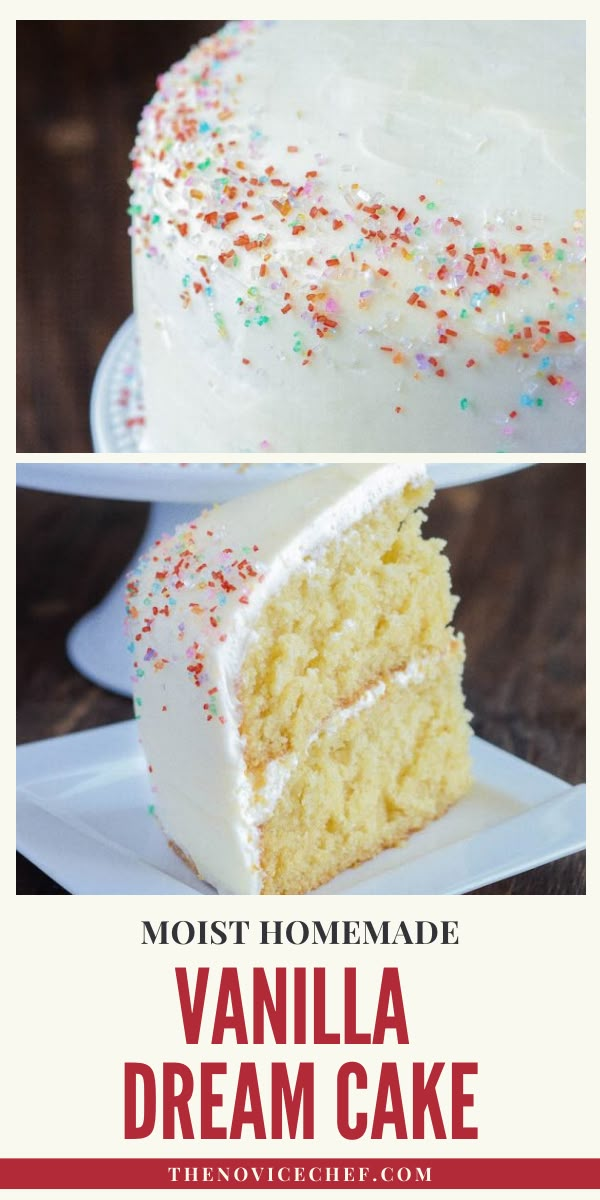 vanilla cake with white frosting and sprinkles on the top is shown