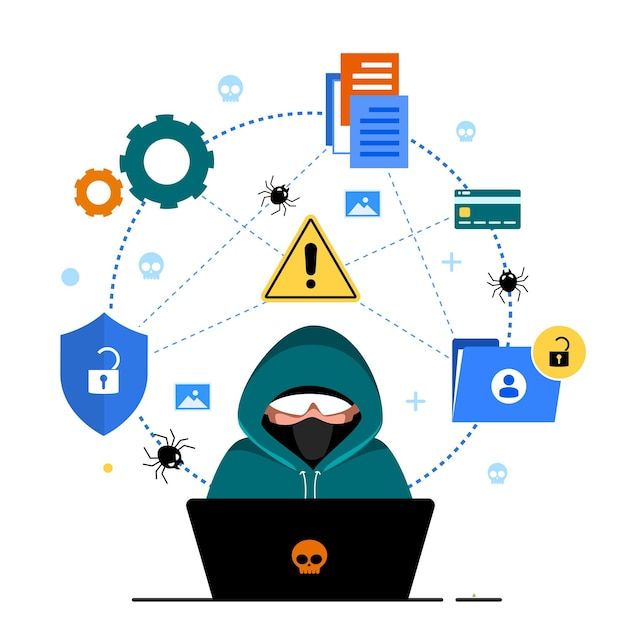 a hooded person on a laptop surrounded by icons