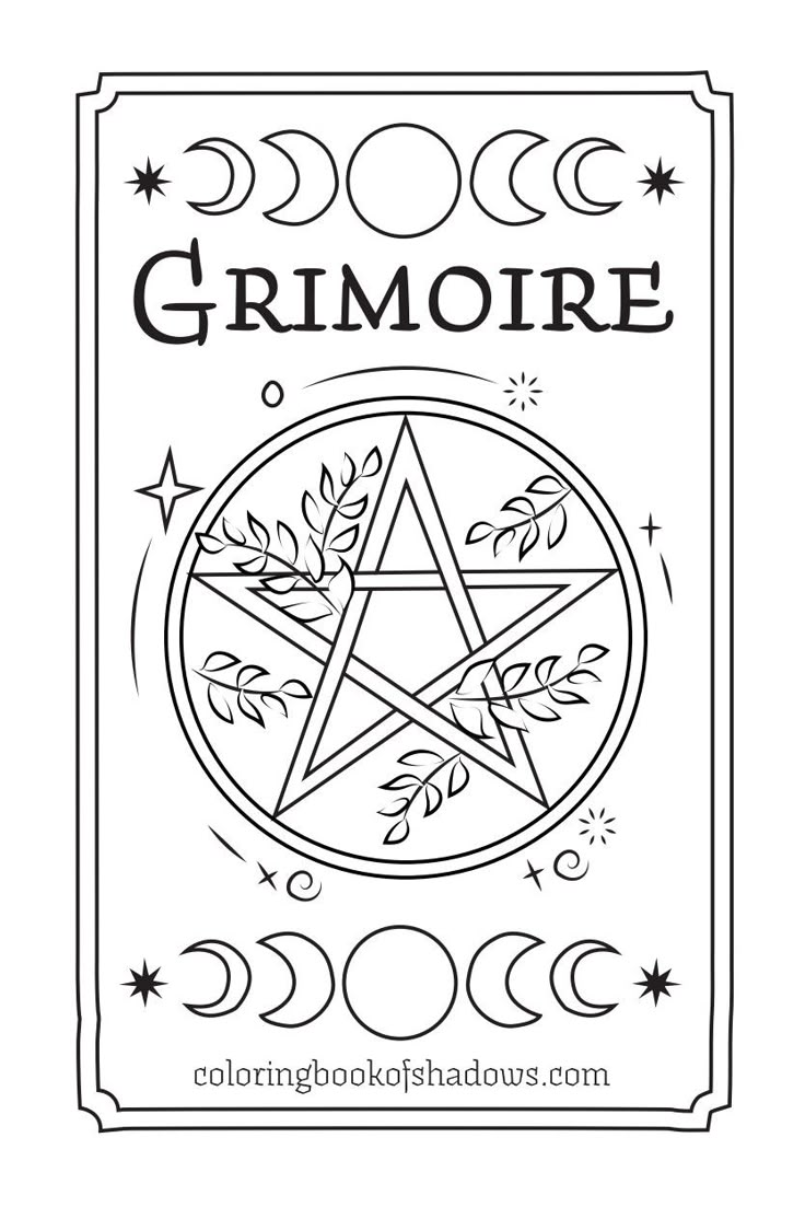 a coloring book with the words grimore written in black and white, surrounded by stars