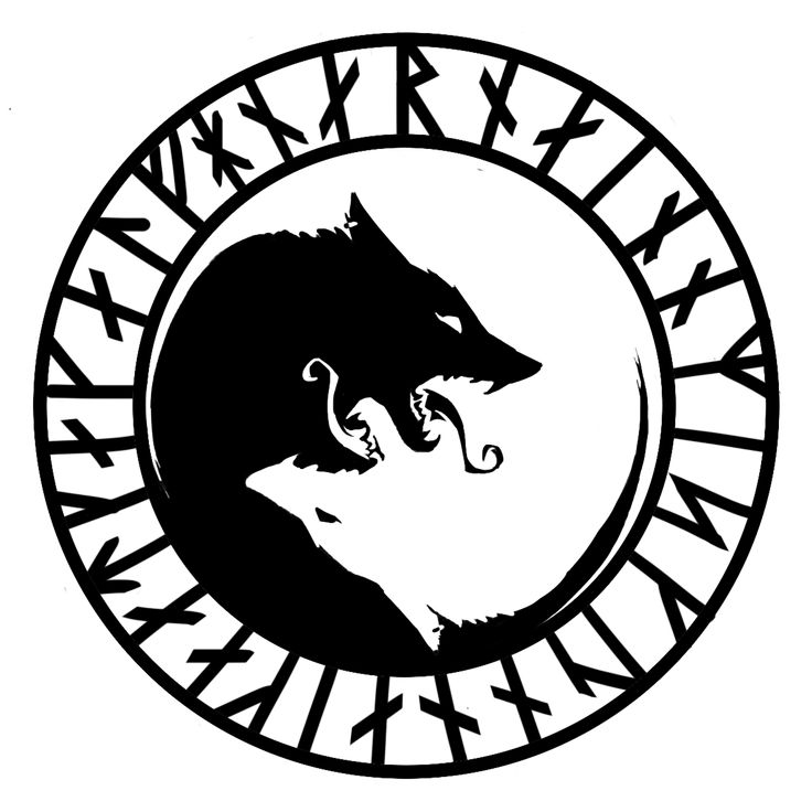 a black and white image of a wolf in a circle with arrows on it's side