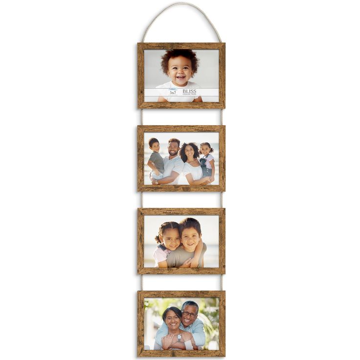 three wooden frames hanging on the wall with family photos