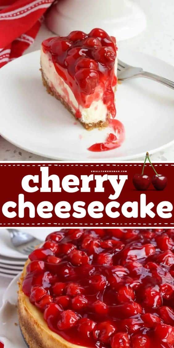 cherry cheesecake on a white plate with the words cherry cheesecake in red overlay