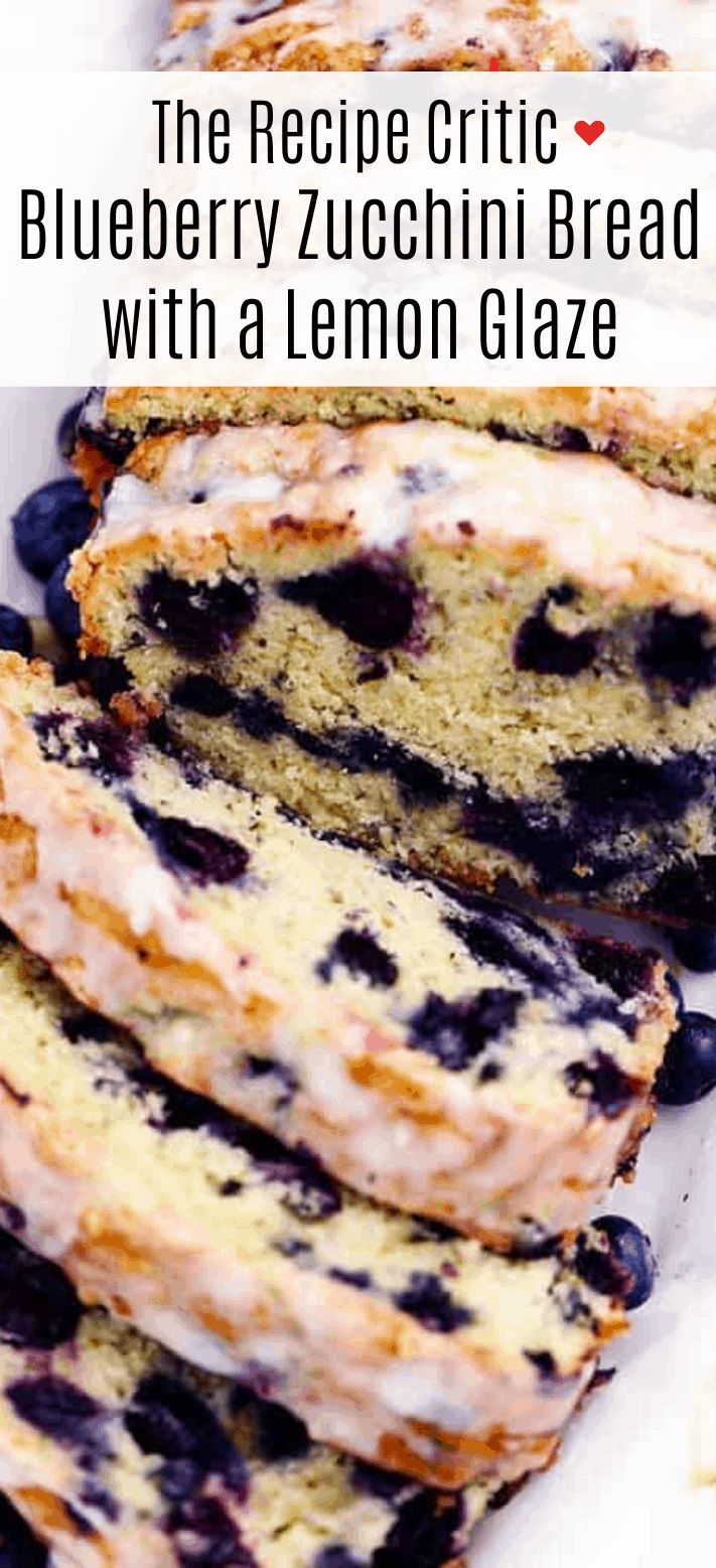 blueberry zucchini bread with a lemon glaze is shown on a white plate