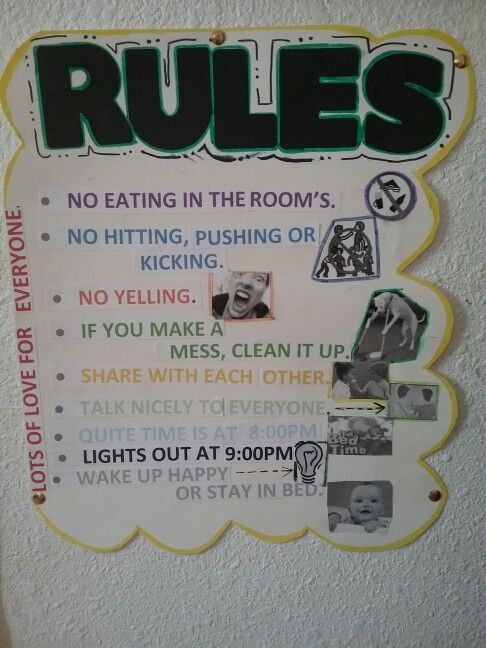 a sign that is on the wall in front of a door with rules written below it