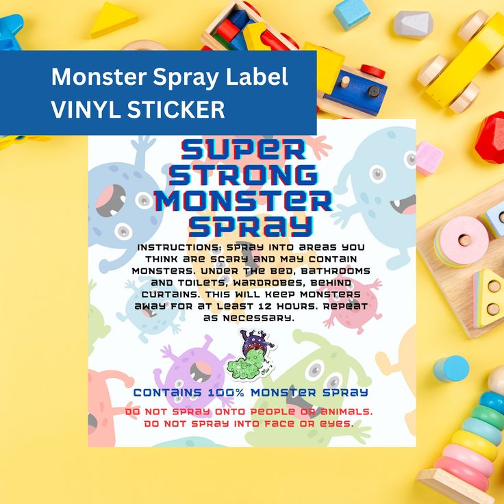 the monster sticker is next to some toys on a yellow background with text that reads,'monster sticker super strong monster squad '