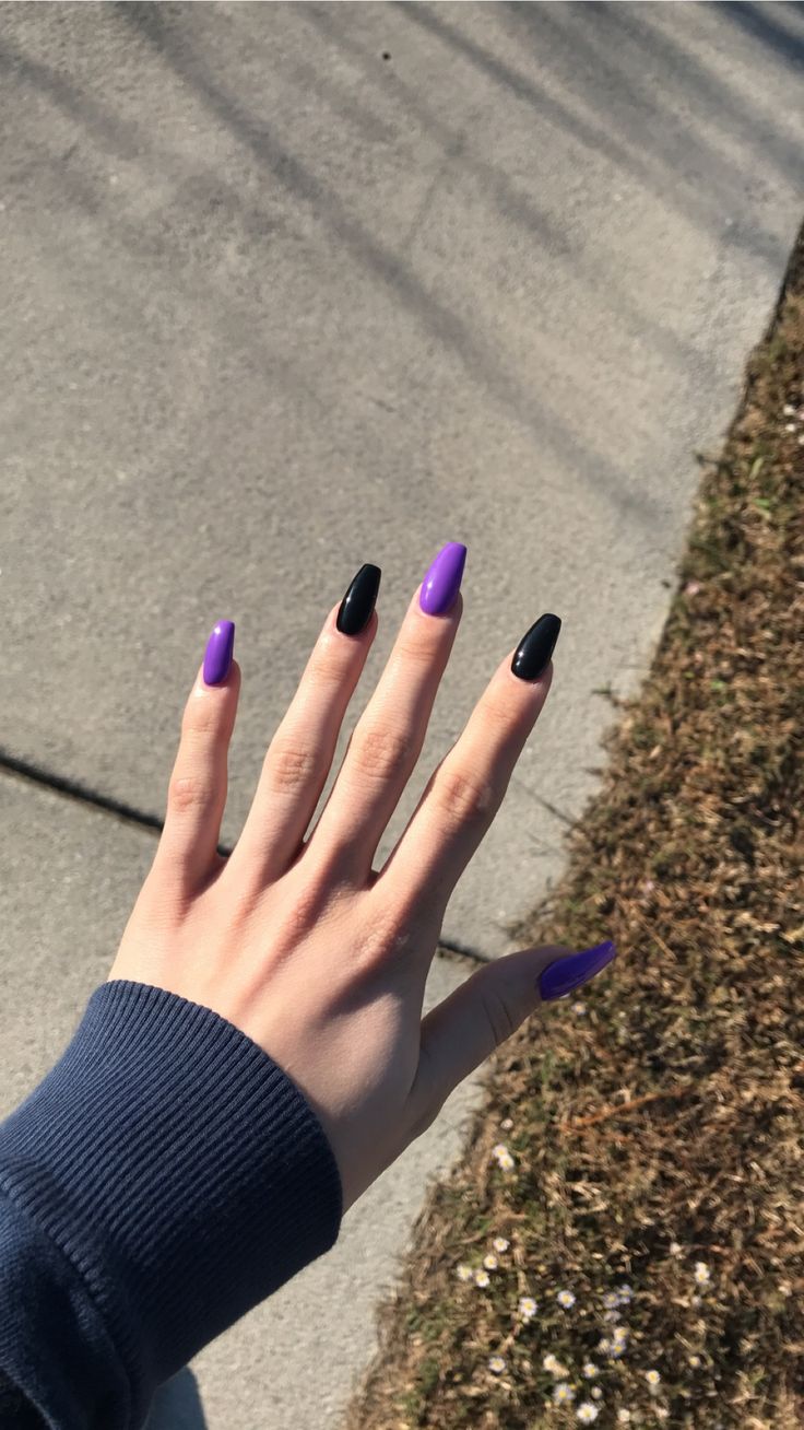 Black Nails With Purple Accent, Purple Nails And Black, Cute Purple And Black Nails, Black And Purple Nails Simple, Purple Black Nails Ideas, Simple Nails Lavender, Pastel Purple And Black Nails, Small Purple Nails, Black Purple Nails Ideas