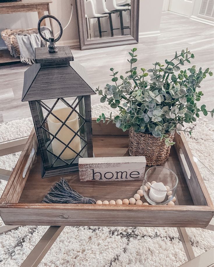 a tray with a candle and some plants on it