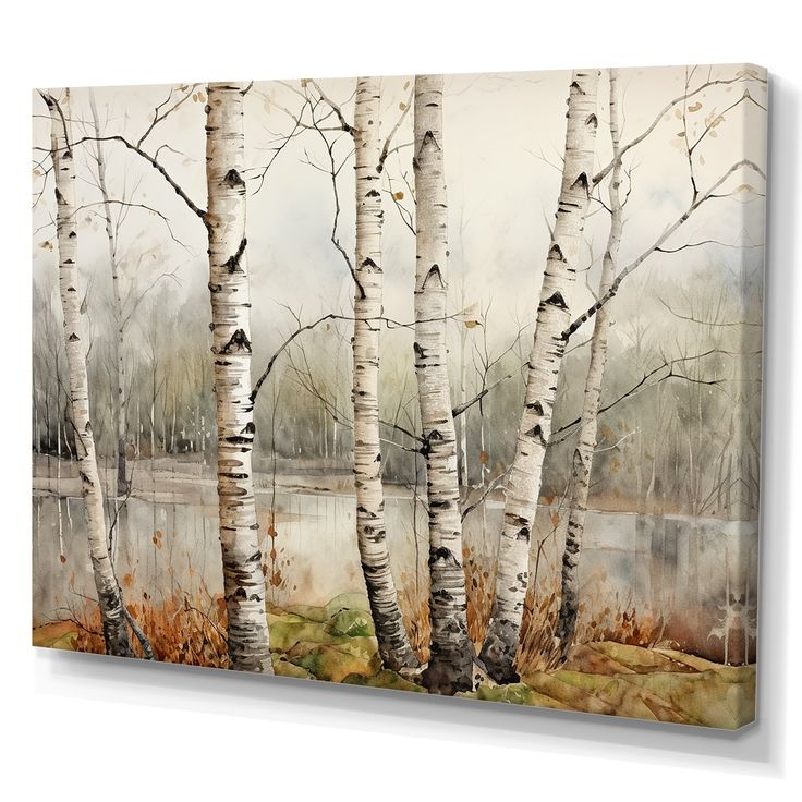 a painting of some trees and water in the fall time with no leaves on them