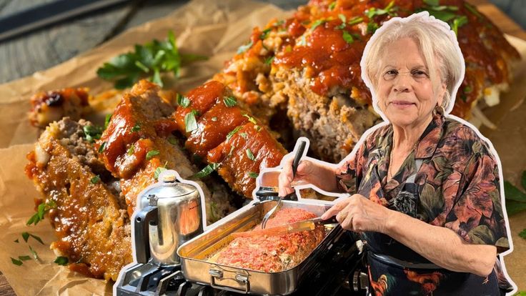 an older woman cooking food on top of a stove next to other meats and vegetables