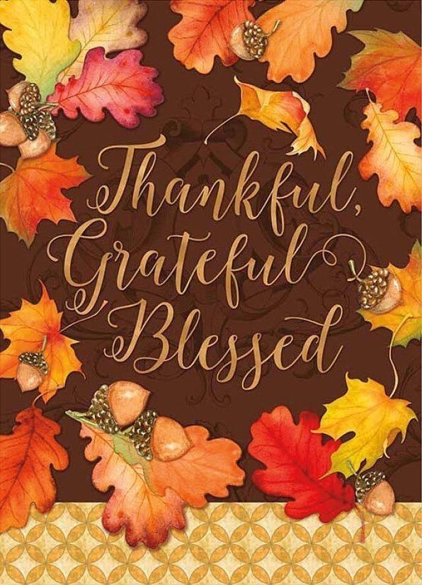 a thanksgiving card with the words, thank grateful and fall leaves on it's border