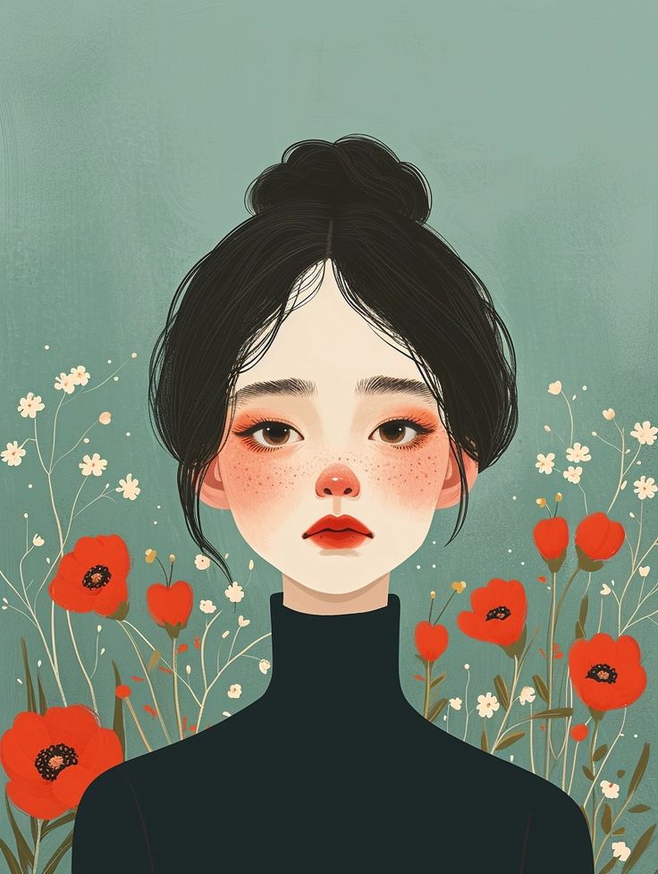 an illustration of a woman with black hair and red lips standing in front of flowers