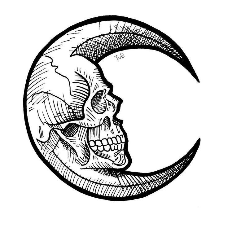 a drawing of a skull sitting on top of a crescent with the moon behind it