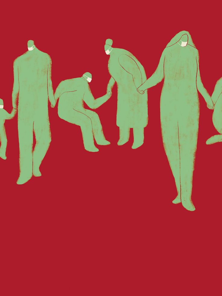 a group of people standing next to each other in front of a red background with green silhouettes