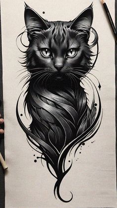 a drawing of a black cat with long hair