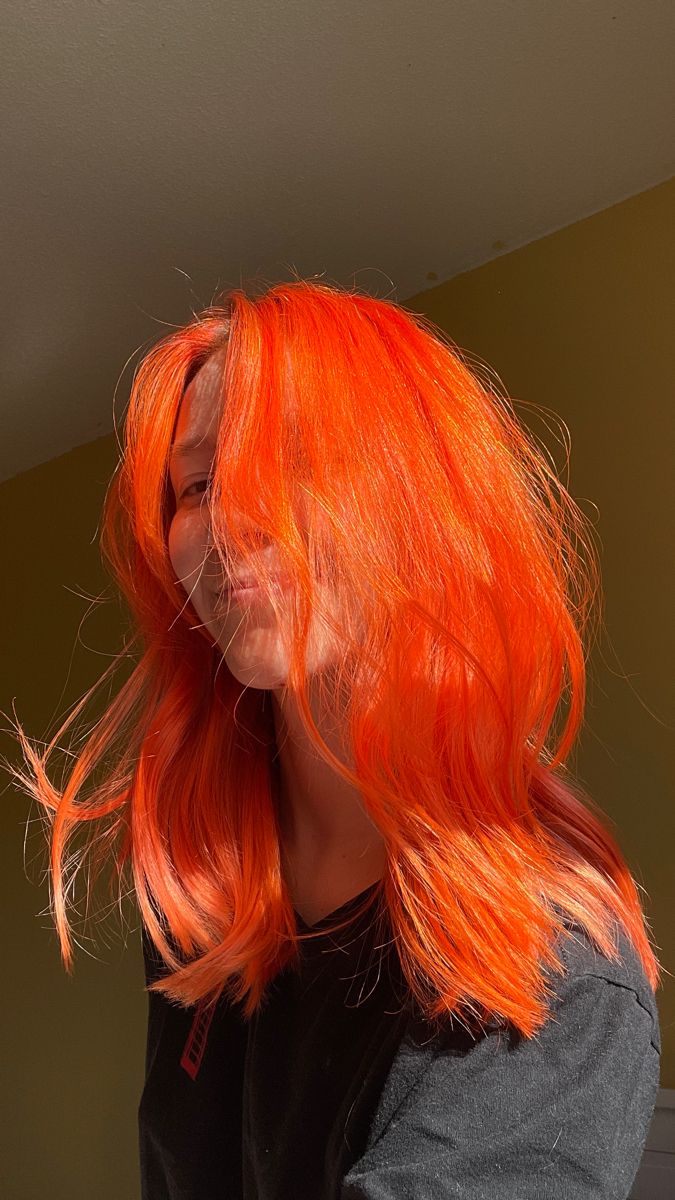 Orange Hair With Yellow Highlights, Neon Orange Hair Color, Bright Orange Hair Aesthetic, Orange And Red Hair Color, Vibrant Orange Hair, Fiery Orange Hair, Fire Color Hair, Orangey Red Hair, Orange Tips Hair