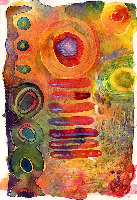 an abstract painting with circles and dots on the bottom, in red, yellow, green,