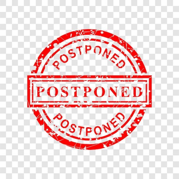 a red stamp with the word postponed in it on a transparent background stock photo