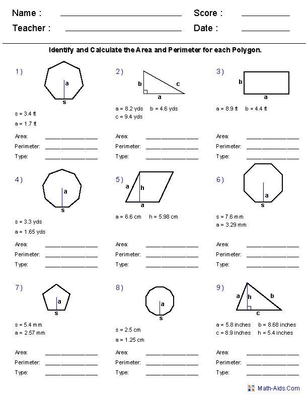 printable worksheet for the area and perimeters of polygonic shapes