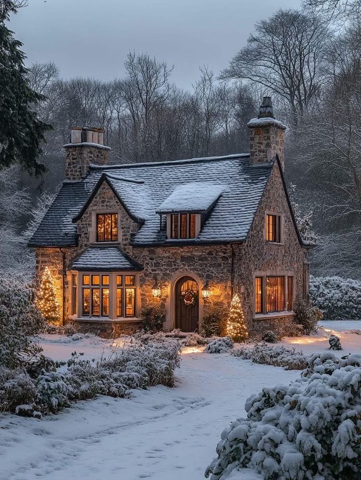 a stone house is lit up with christmas lights and surrounded by snow covered trees, shrubs and bushes