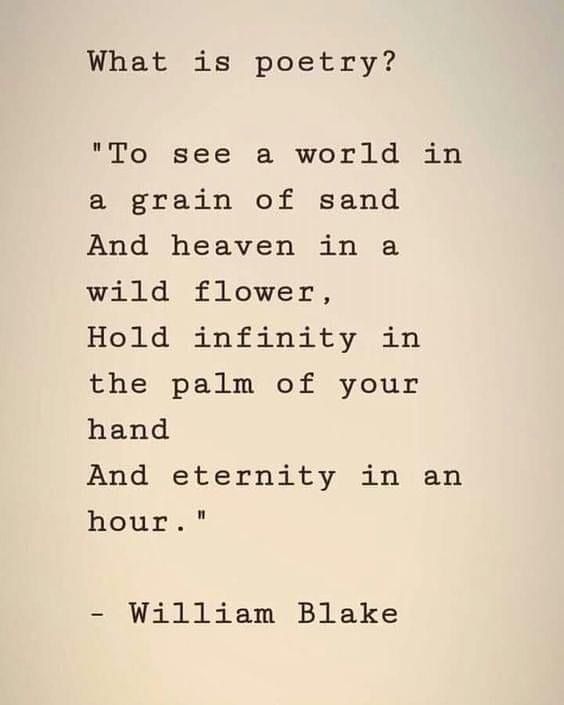 an old poem written in black and white on a sheet of paper with the words what is poetry? to see a world in a grain of sand and heaven in a wild flower, hold