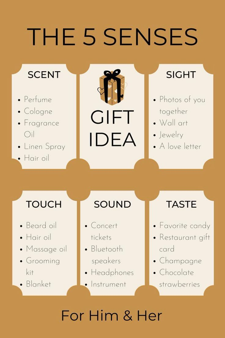 the 5 senses gift idea for him and her with text overlaying it that reads,