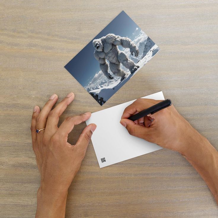 a person holding a pen and writing on a piece of paper next to an elephant photo