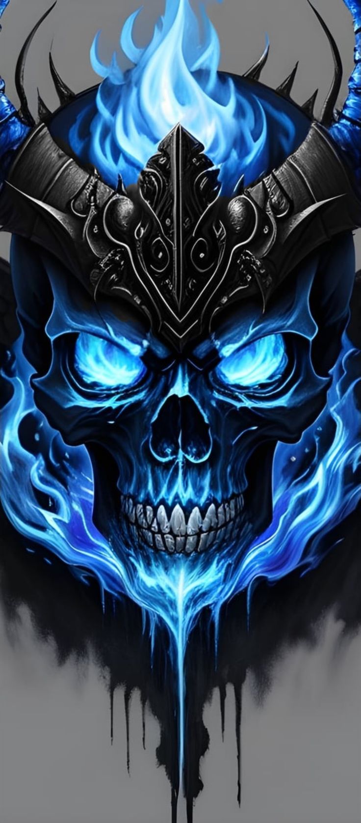 a skull with blue flames on it's face and horns in the shape of a helmet