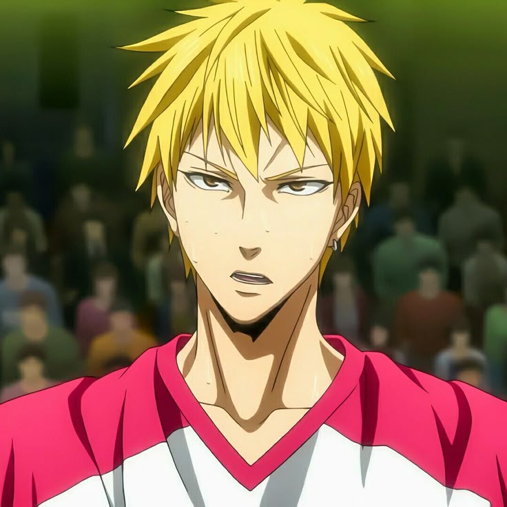 an anime character with blonde hair and blue eyes in front of a group of people